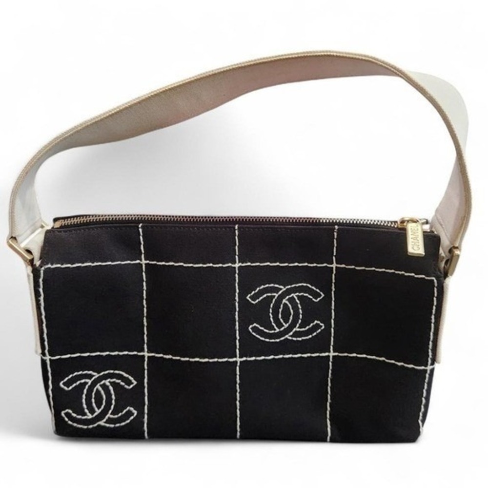 Authentic Chanel Black Denim Quilted Logo Top Handle Bag
